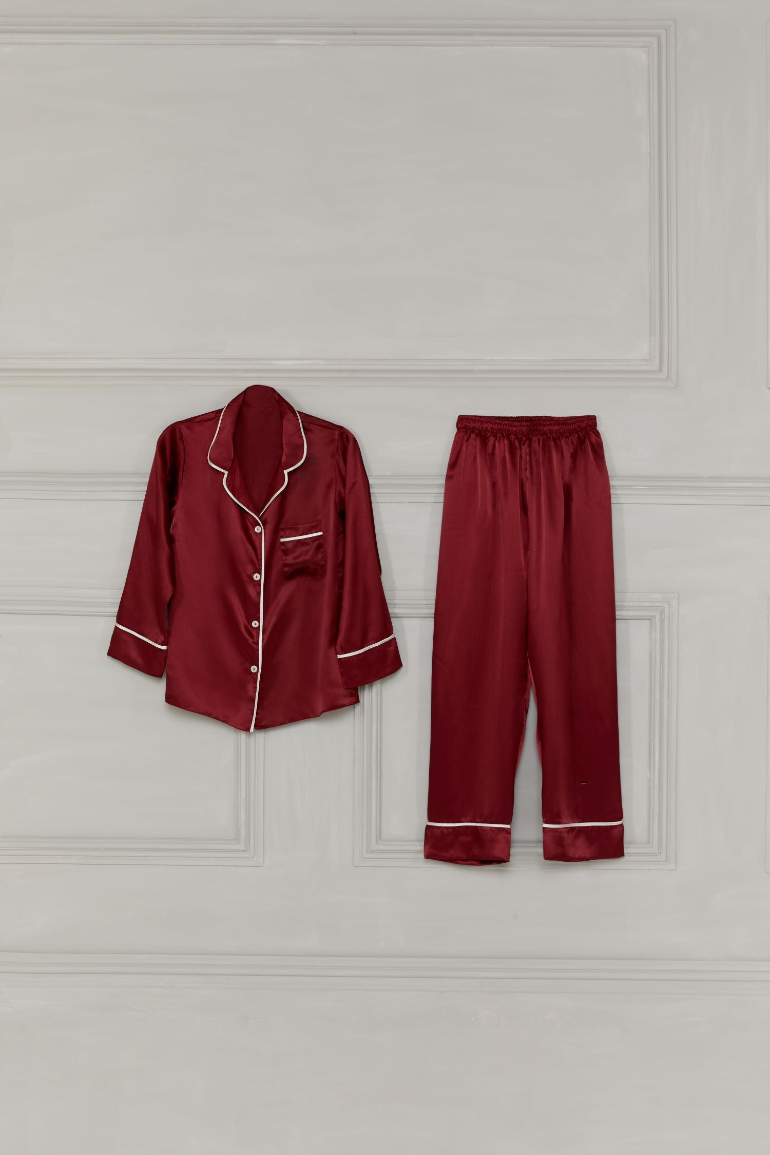 Maroon silk pajamas sale